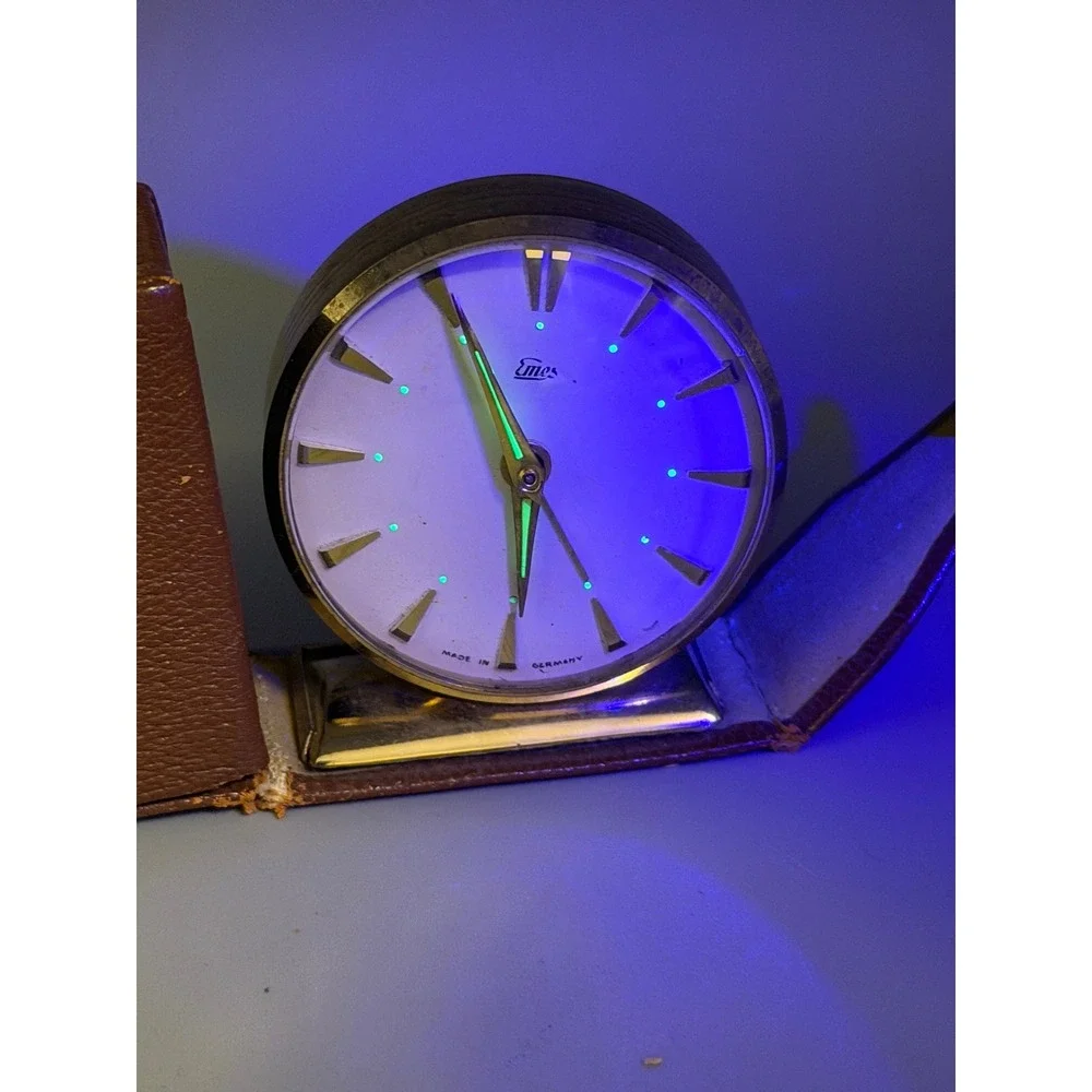 Vintage Emes Travel Alarm Clock Germany Mechanical Wind Folding Case 1960s #1123